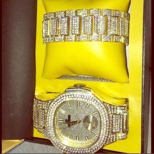 Designer Iced Out Gold Diamond Watch, Bracelet Set